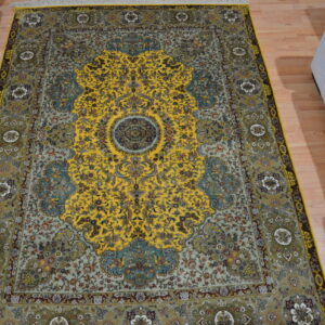 Handmade silk rug in yellow